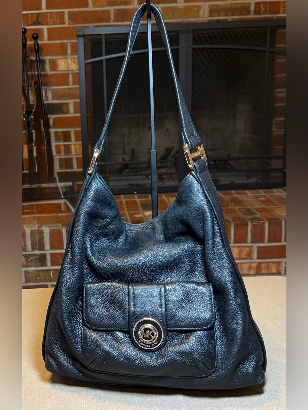Michael Kors Black Pebbled Leather Shoulder Hobo with Gold-Tone MK Accent